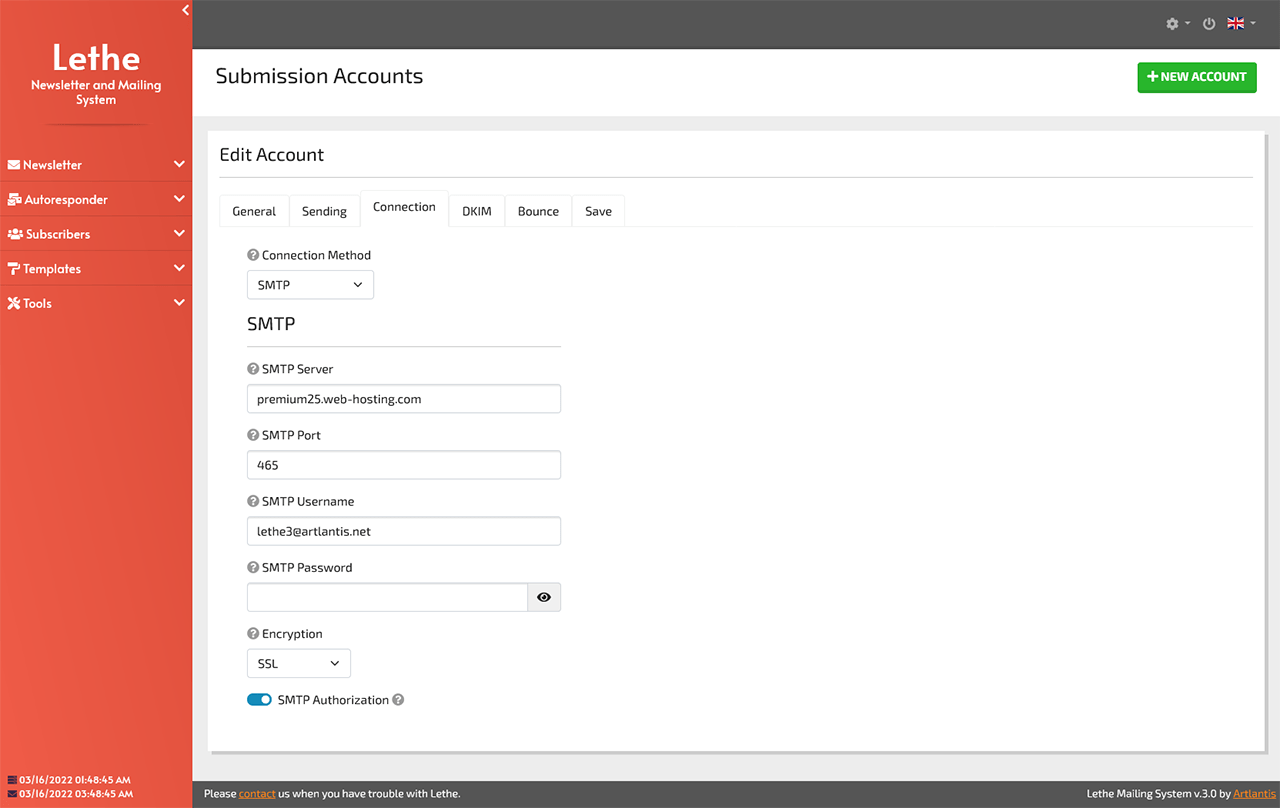 Submission Account Connection Settings